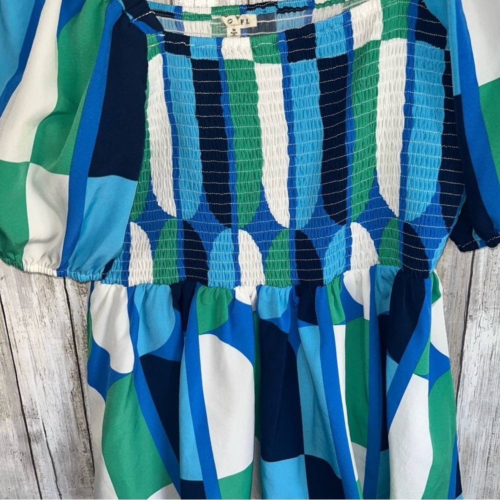 Jodifl Puff Sleeve Smocked Navy Blue Green White Women’s Medium - Picture 4 of 5